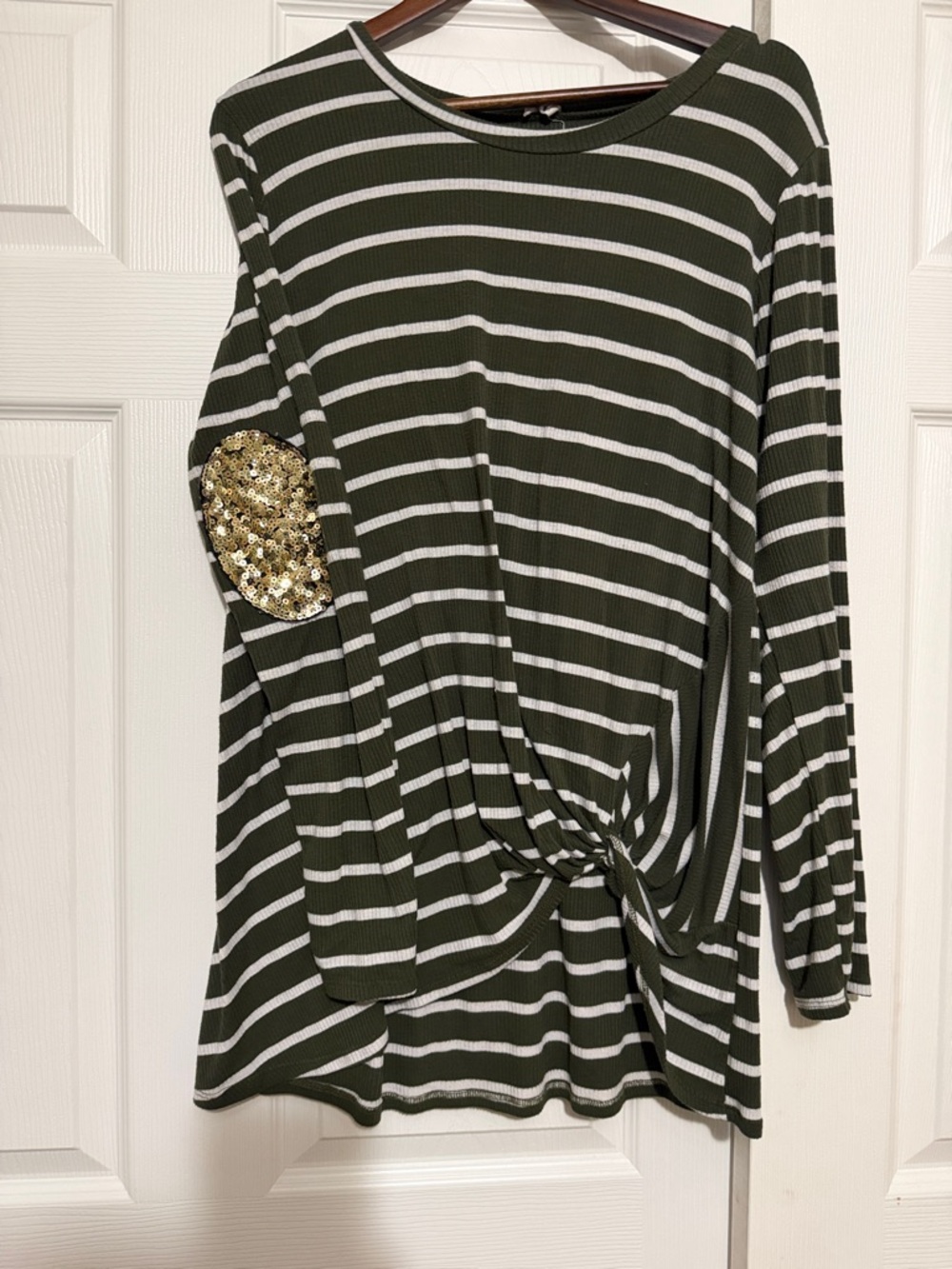 Striped Olive & White Knot-Front Long Sleeve Top with Gold Sequin Elbow Patch